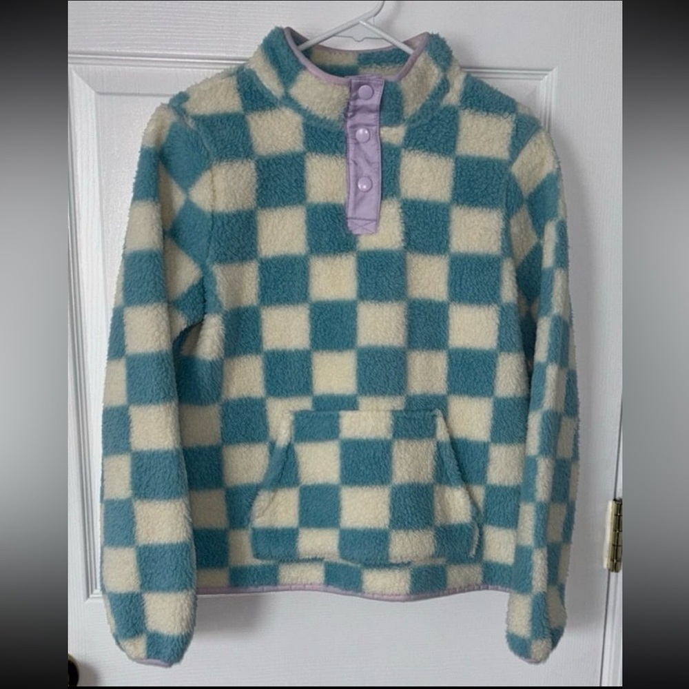 Kids Checkered Fleece Pullover - Blue and Cream Sz XL - Picture 1 of 3